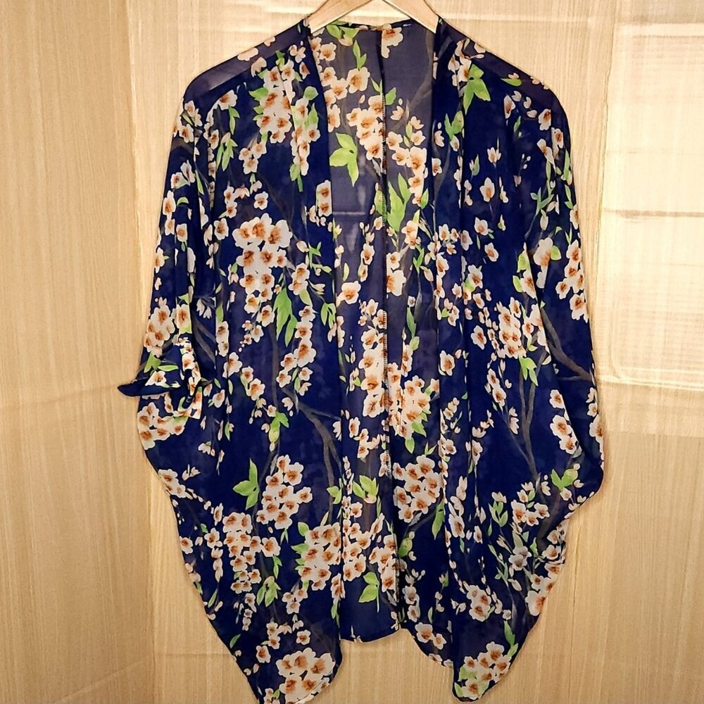 Unbranded Womens Dark Blue Silky Floral Kimono OS